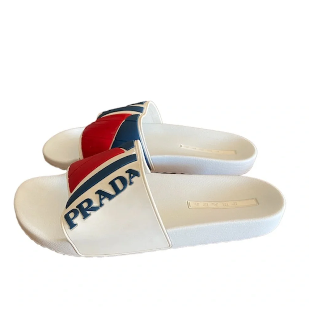 Prada Logo Embossed Poolside Slides Sandals Bianco- Rossi US size 12